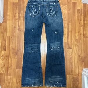 bebe Blue Distressed Flare Jeans